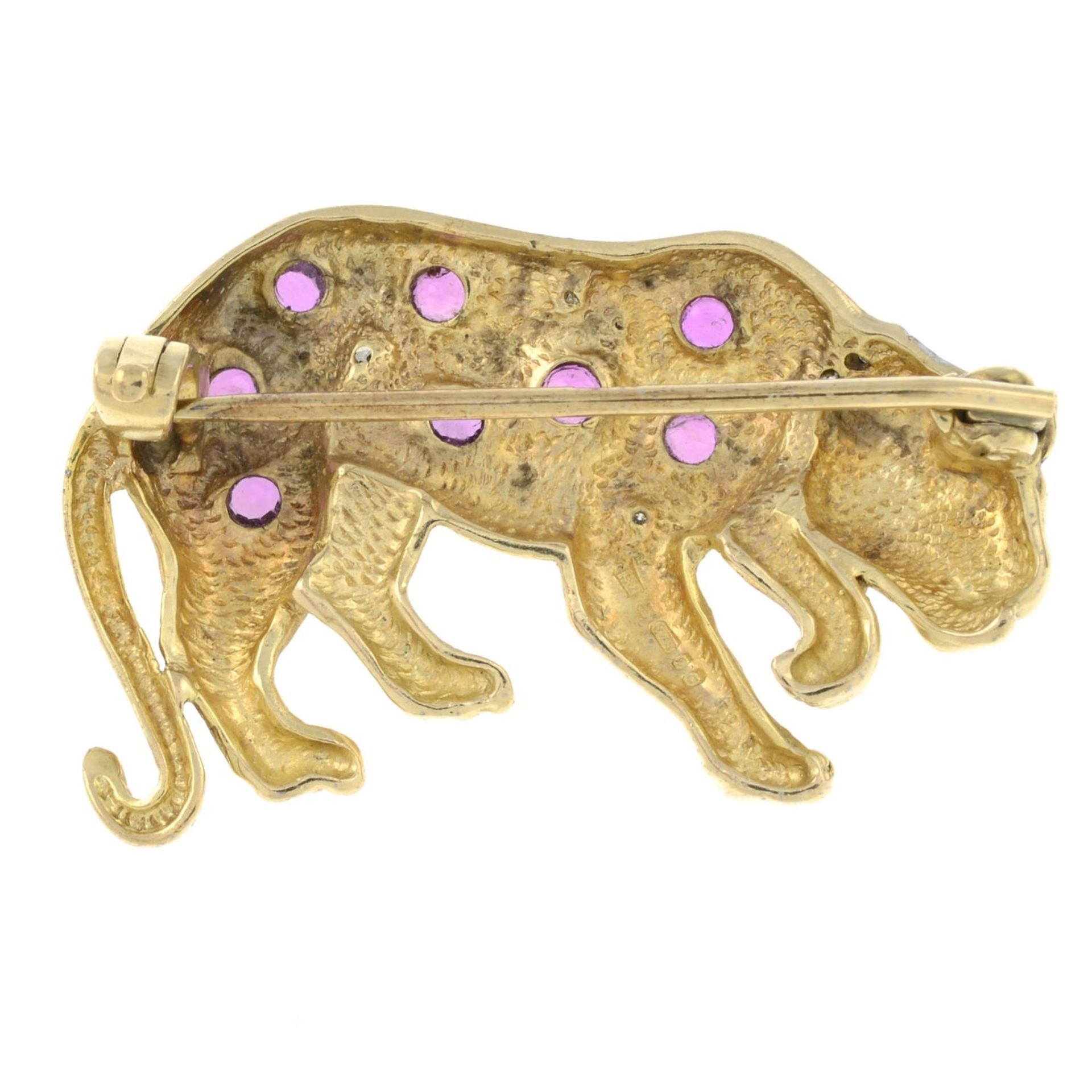 A 9ct gold ruby and diamond leopard brooch.Hallmarks for 9ct gold. - Bild 2 aus 2