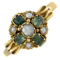 An early Victorian 15ct gold emerald and seed pearl cluster ring.Band replacement with hallmarks