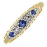 A sapphire and single-cut diamond five-stone ring.Stamped 18ct Plat.Ring size N.