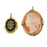 Late 19th century gold onyx and split pearl locket,