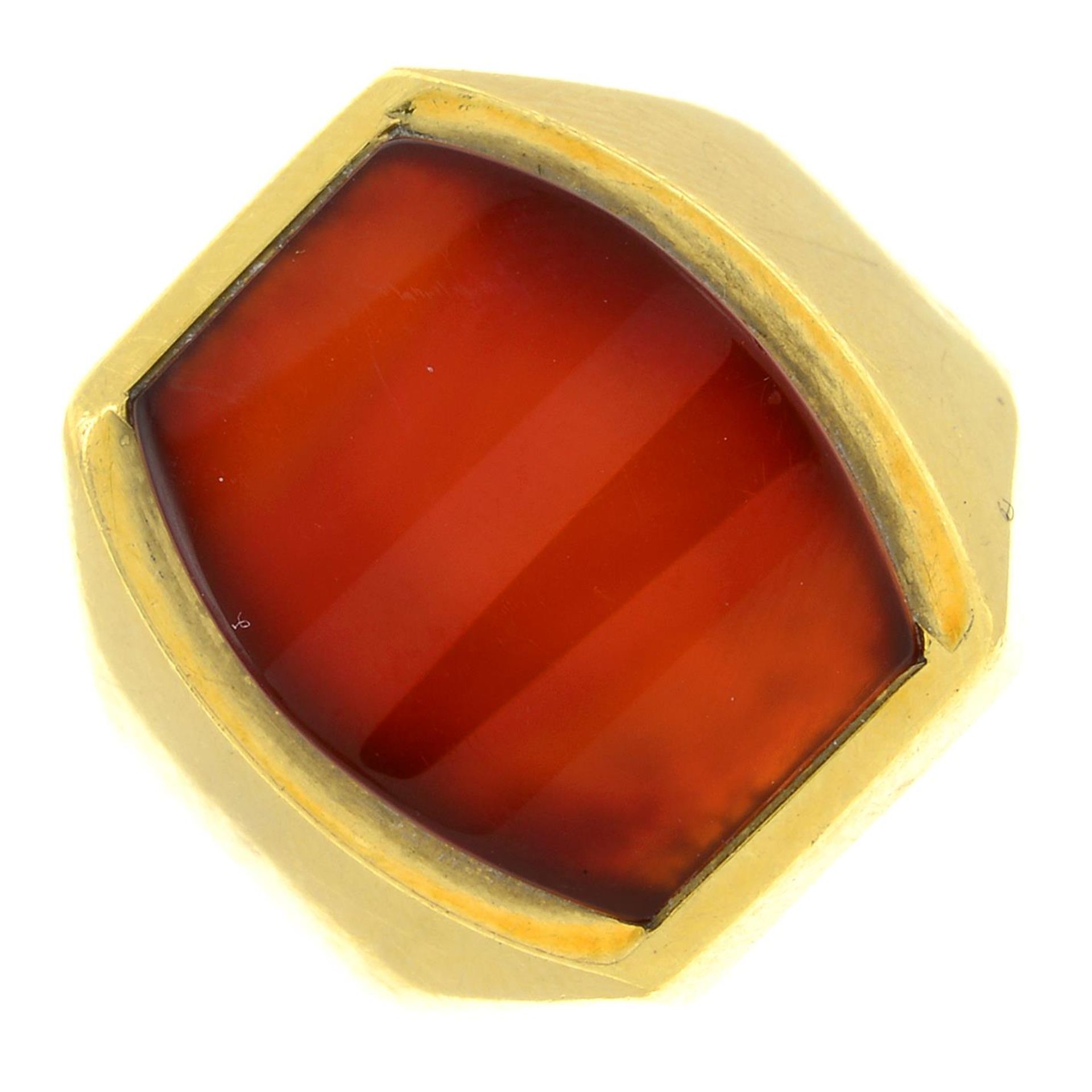 An 18ct gold carnelian signet ring.Import marks for 18ct gold.