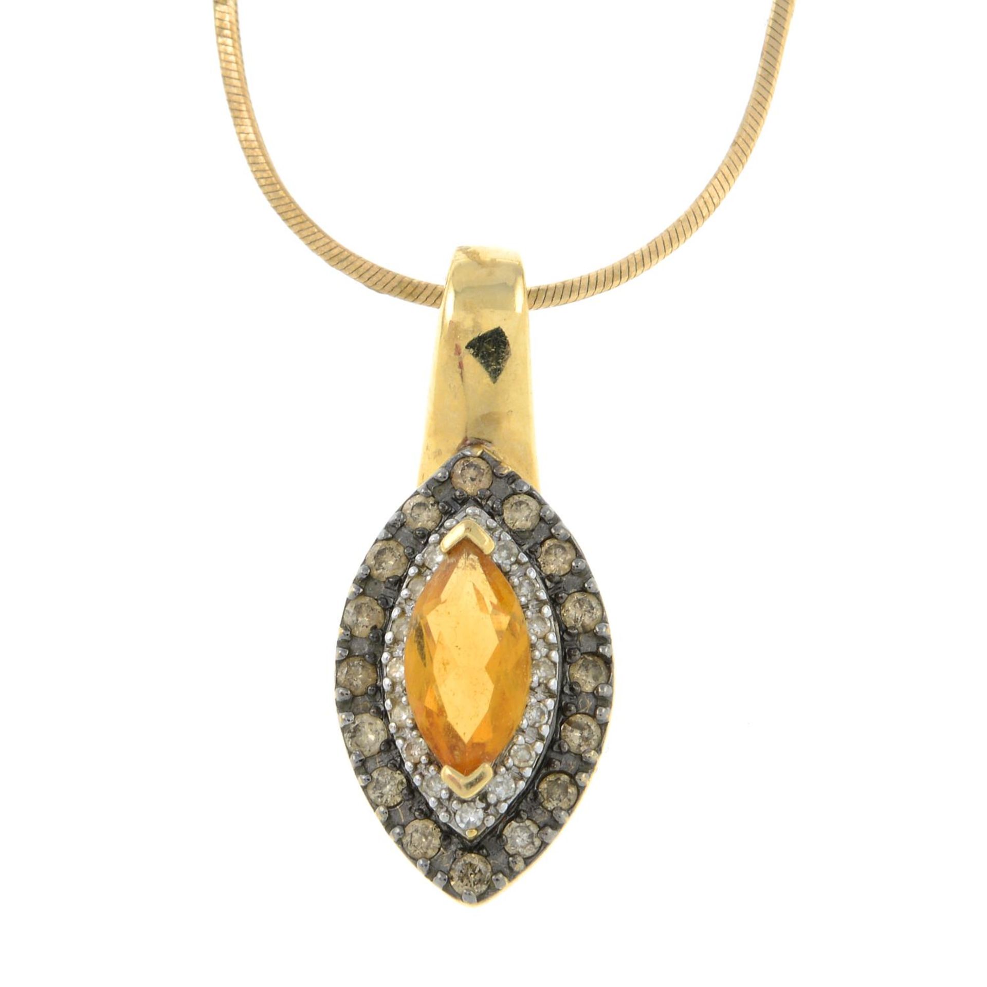 A citrine and diamond pendant, with snake-link chain.Estimated total diamond weight 0.25ct.