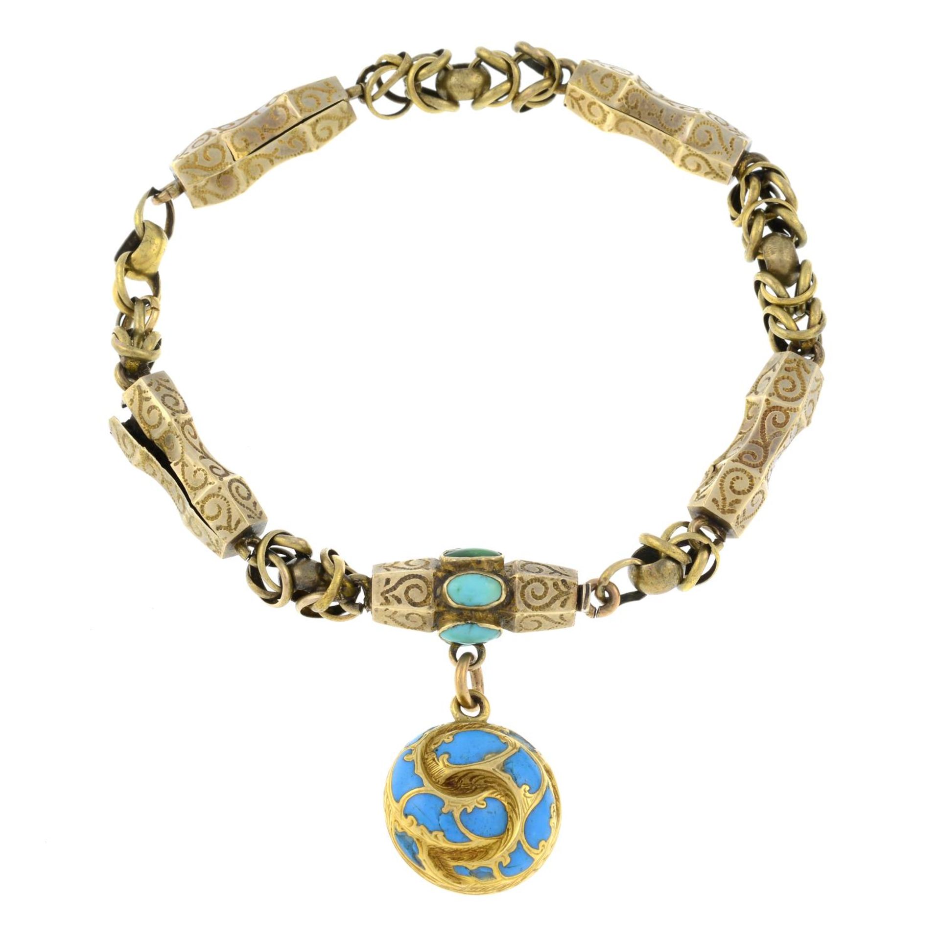 An early to mid 19th century gold turquoise engraved bracelet,