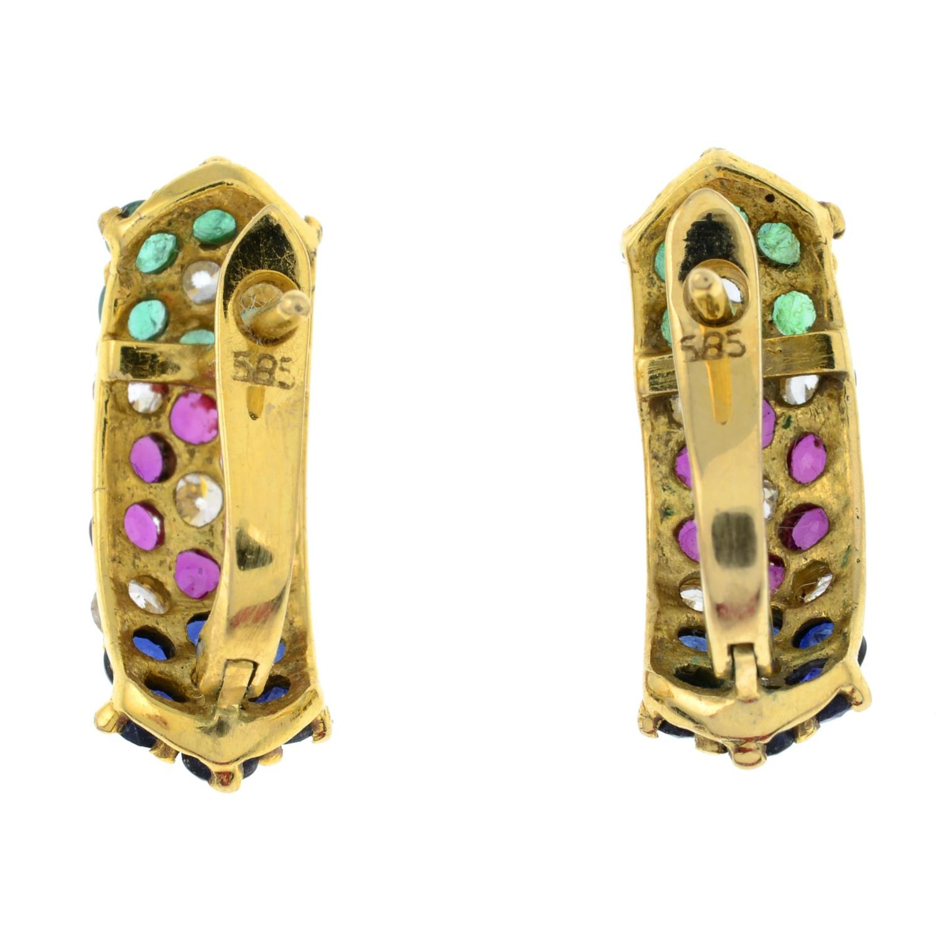 A pair of ruby, sapphire, emerald and colourless gem cluster earrings.Stamped 585. - Image 2 of 3