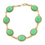 A chrysoprase quartz bracelet.Stamped 14K.