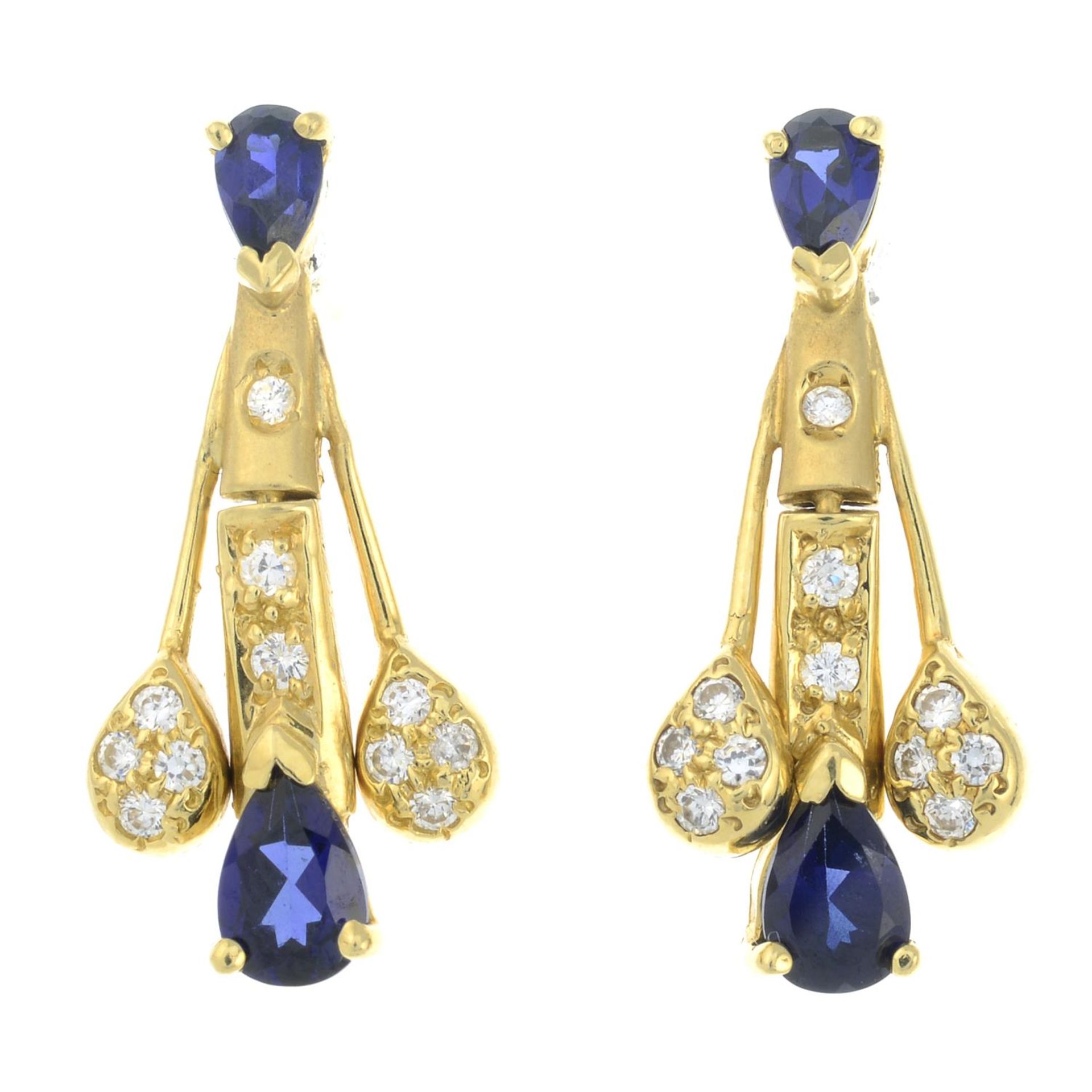 A pair of sapphire and cubic zirconia earrings.Length 2.3cms.