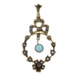 An early 20th century 9ct gold opal and split pearl pendant.Two stones deficient.Stamped 9ct.Length