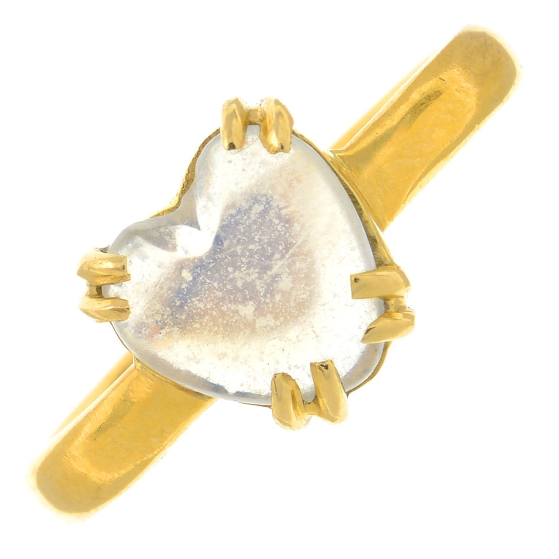 A late 19th century 22ct gold heart-shape moonstone single-stone ring.Hallmarks for London, 1896.