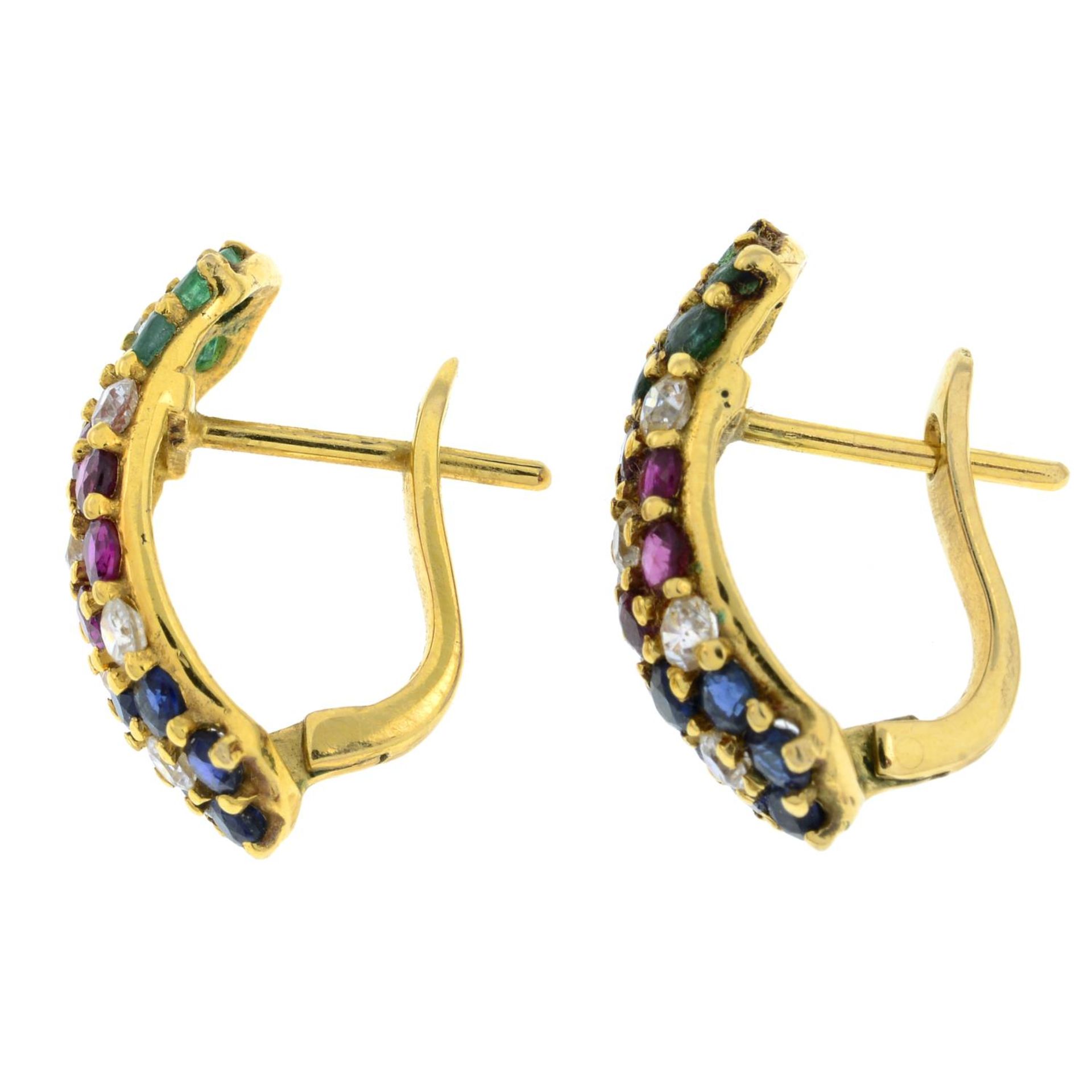 A pair of ruby, sapphire, emerald and colourless gem cluster earrings.Stamped 585. - Image 3 of 3