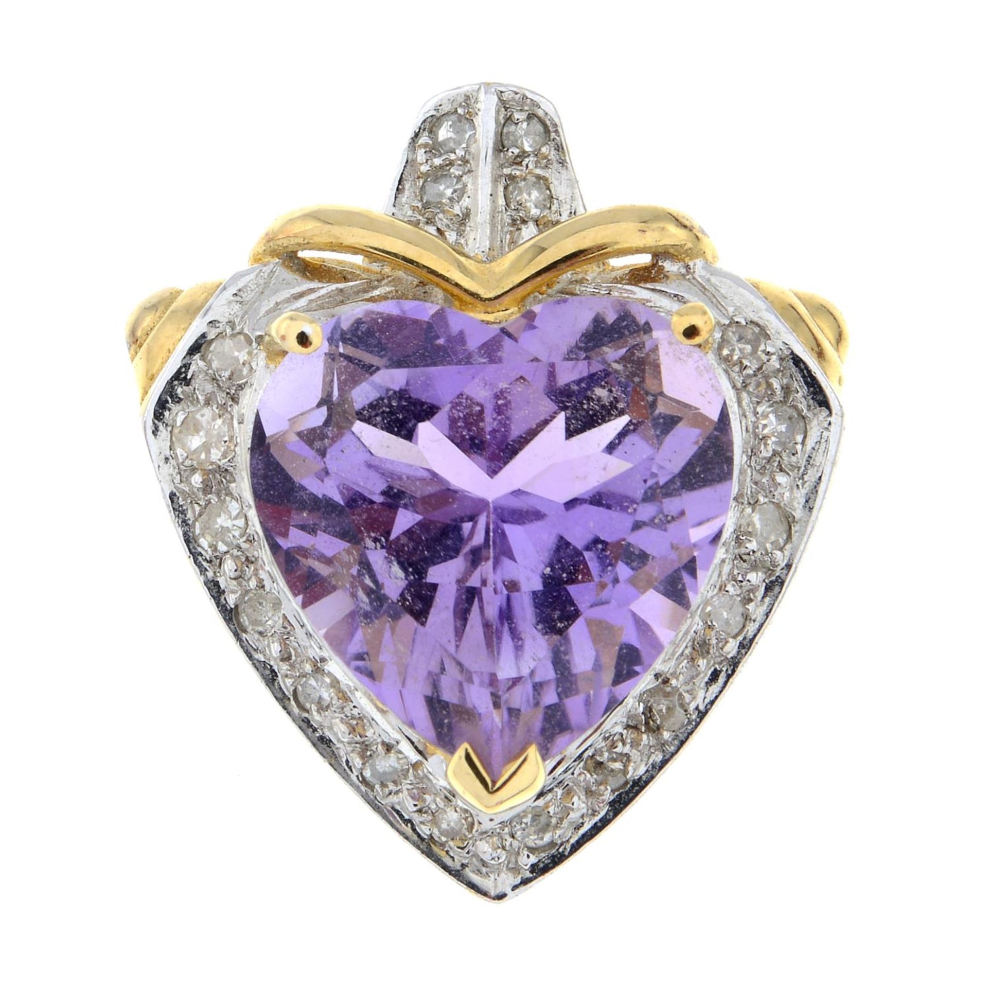 An 18ct gold amethyst and single-cut diamond pendant.Import marks for London, 1991.Length 2.1cms.