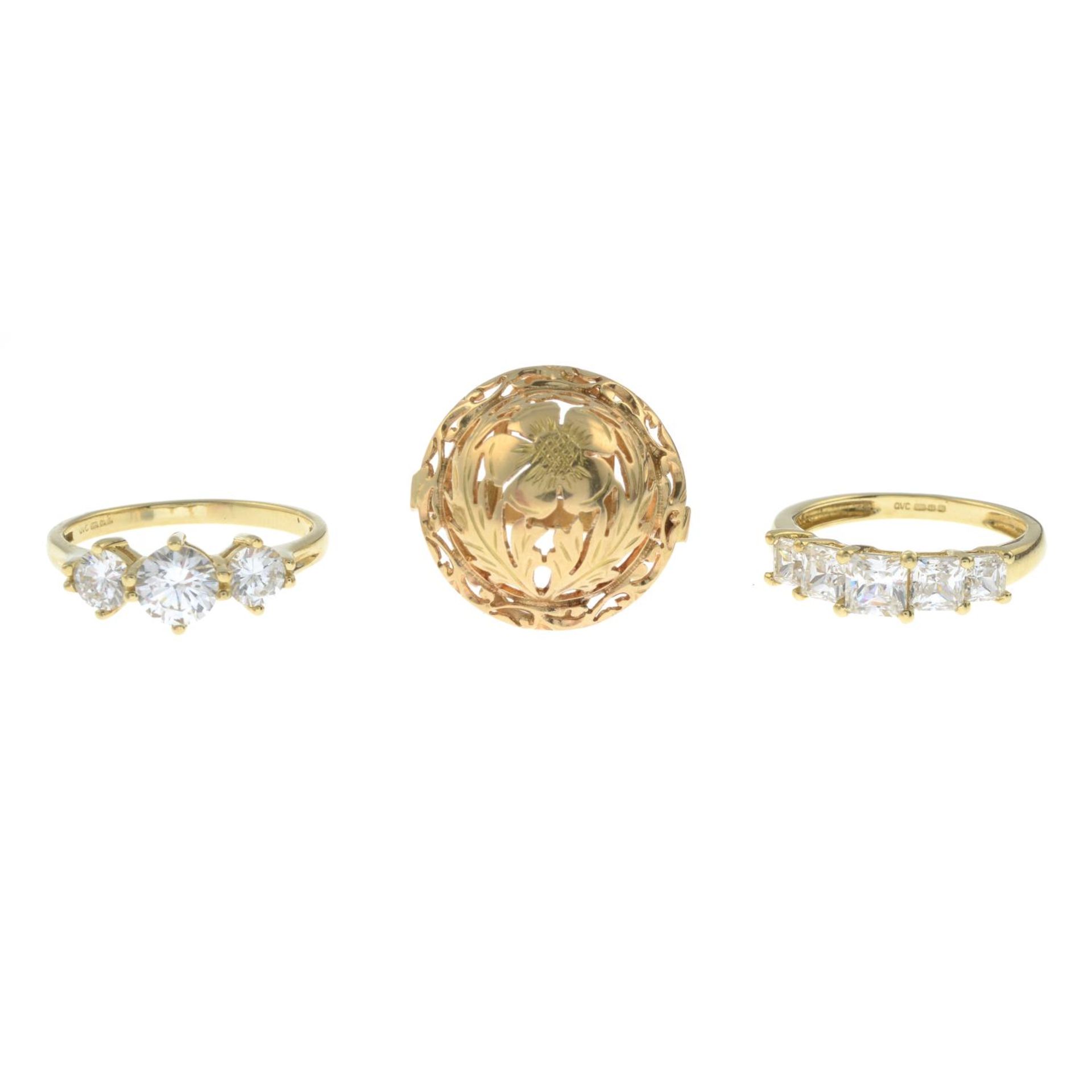 Two 14ct gold cubic zirconia rings, hallmarks for 14ct gold, ring sizes N1/2 and Q1/2, 6.2gms.