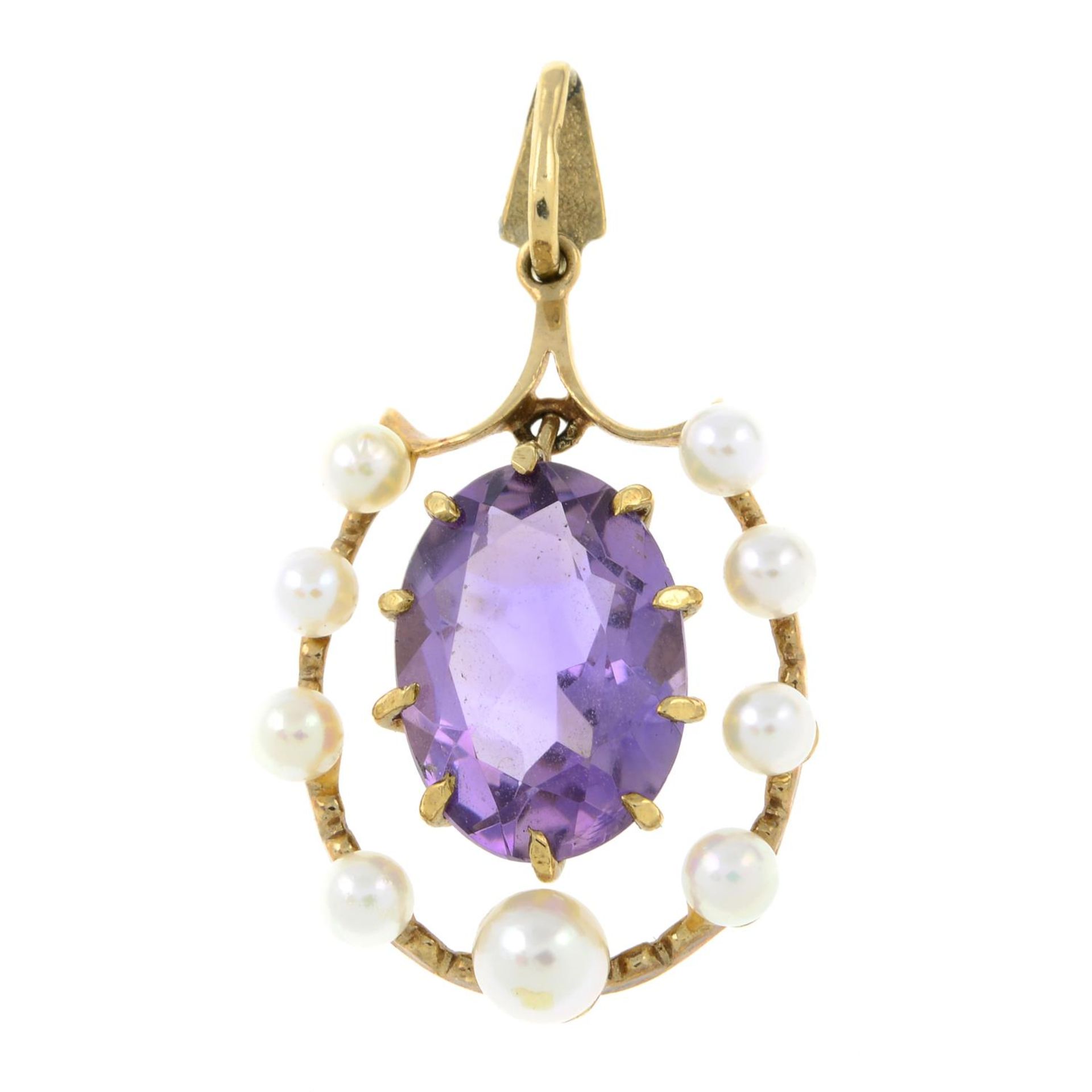 A 1980s 9ct gold amethyst and cultured pearl pendant.Hallmarks for London, 1986.