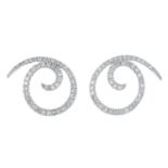 A pair of 9ct gold single-cut diamond spiral earrings.Estimated total diamond weight