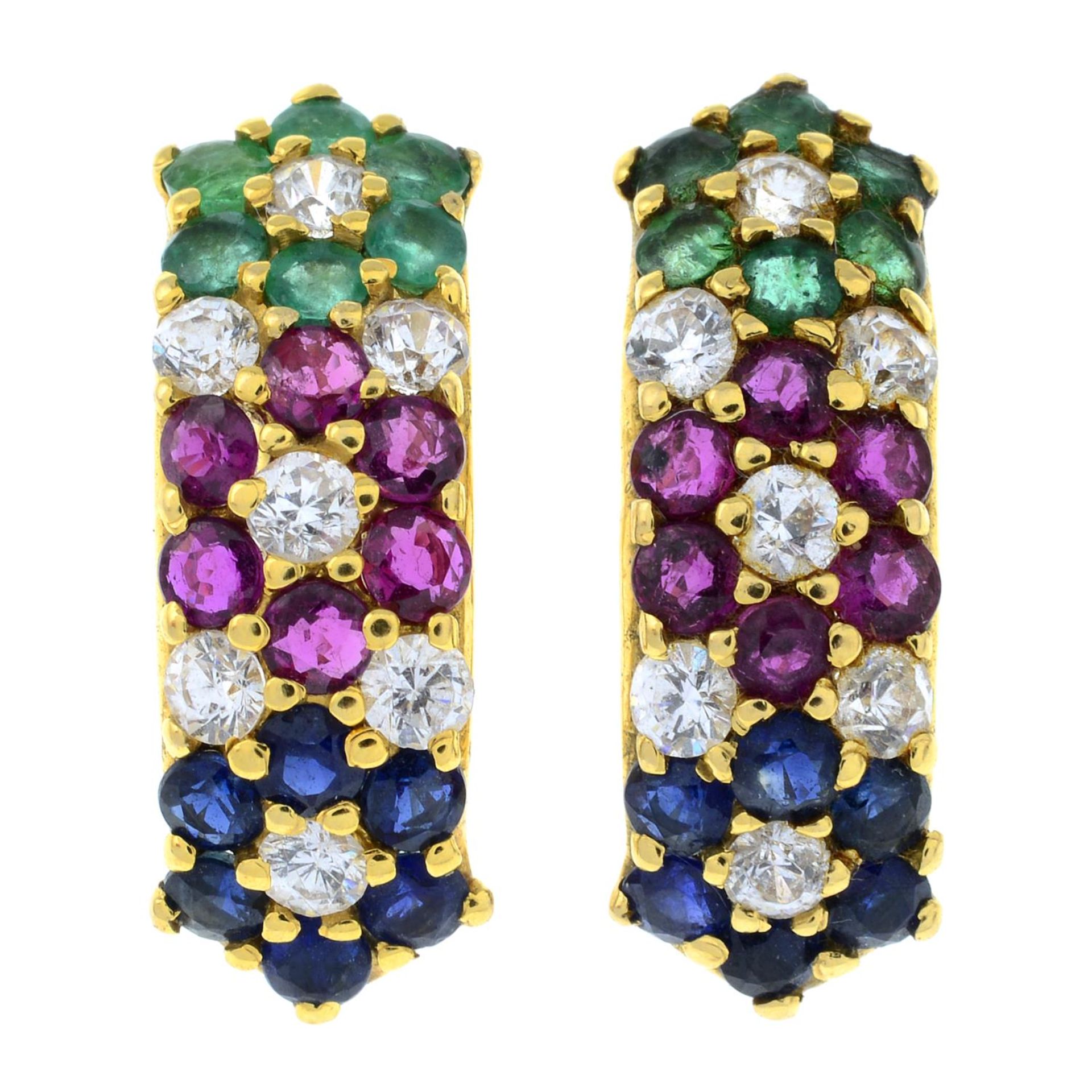 A pair of ruby, sapphire, emerald and colourless gem cluster earrings.Stamped 585.