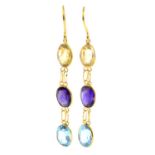 A pair of citrine, amethyst and blue topaz drop earrings.Length 4.4cms.