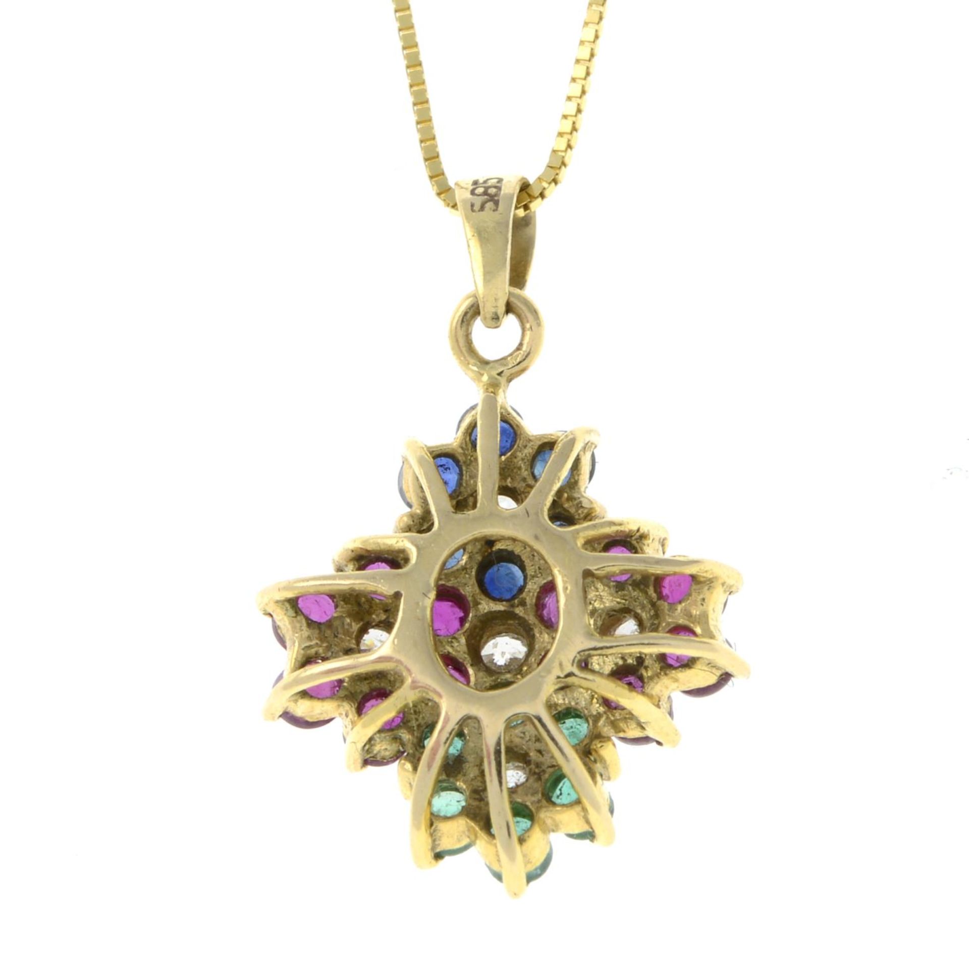 A ruby, sapphire, emerald and colourless gem cluster pendant, with chain.Stamped 585, 14K. - Image 2 of 3