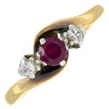 An early 20th century 18ct gold and platinum ruby and diamond three-stone ring.Estimated total