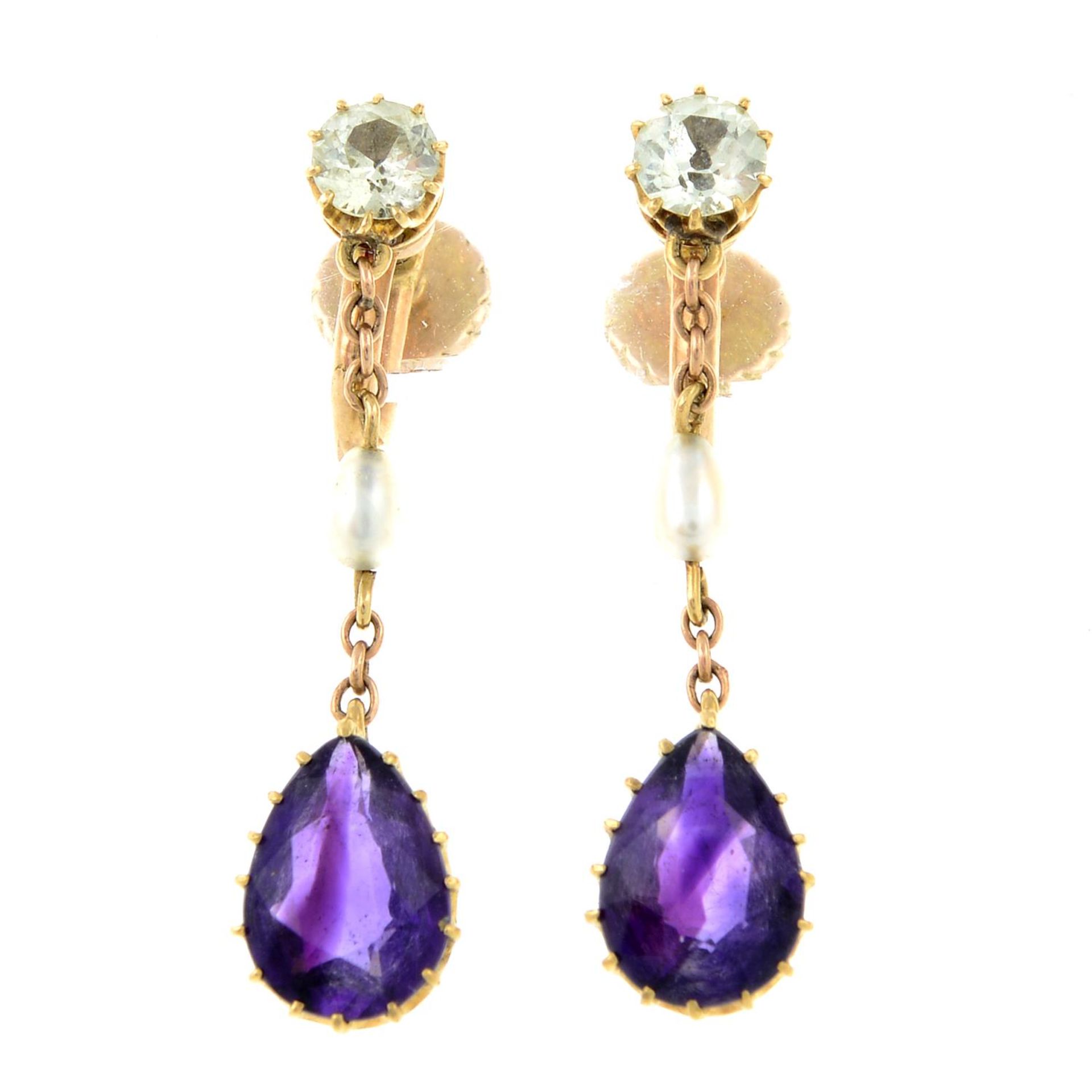 A pair of early 20th century gold amethyst, chrysoberyl and seed pearl earrings.Length 2.7cms.