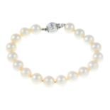 An 18ct gold cultured pearl bracelet.Hallmarks for 18ct gold, partially indistinct.