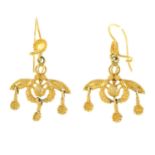 A pair of drop earrings, each designed to depict two winged insects mating.Stamped 585.