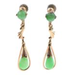 A pair of jade drop earrings.Stamped 14K.