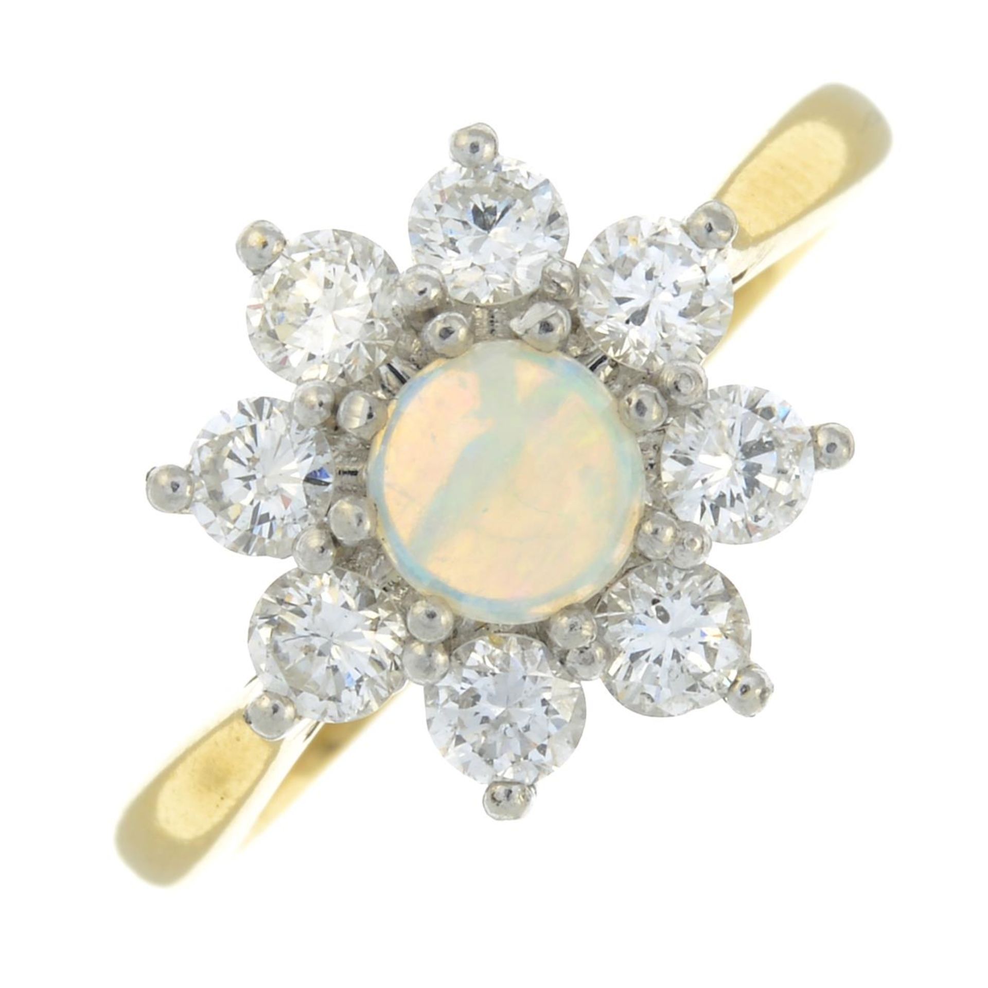 An opal and brilliant-cut diamond cluster ring.Estimated total diamond weight 0.50ct,