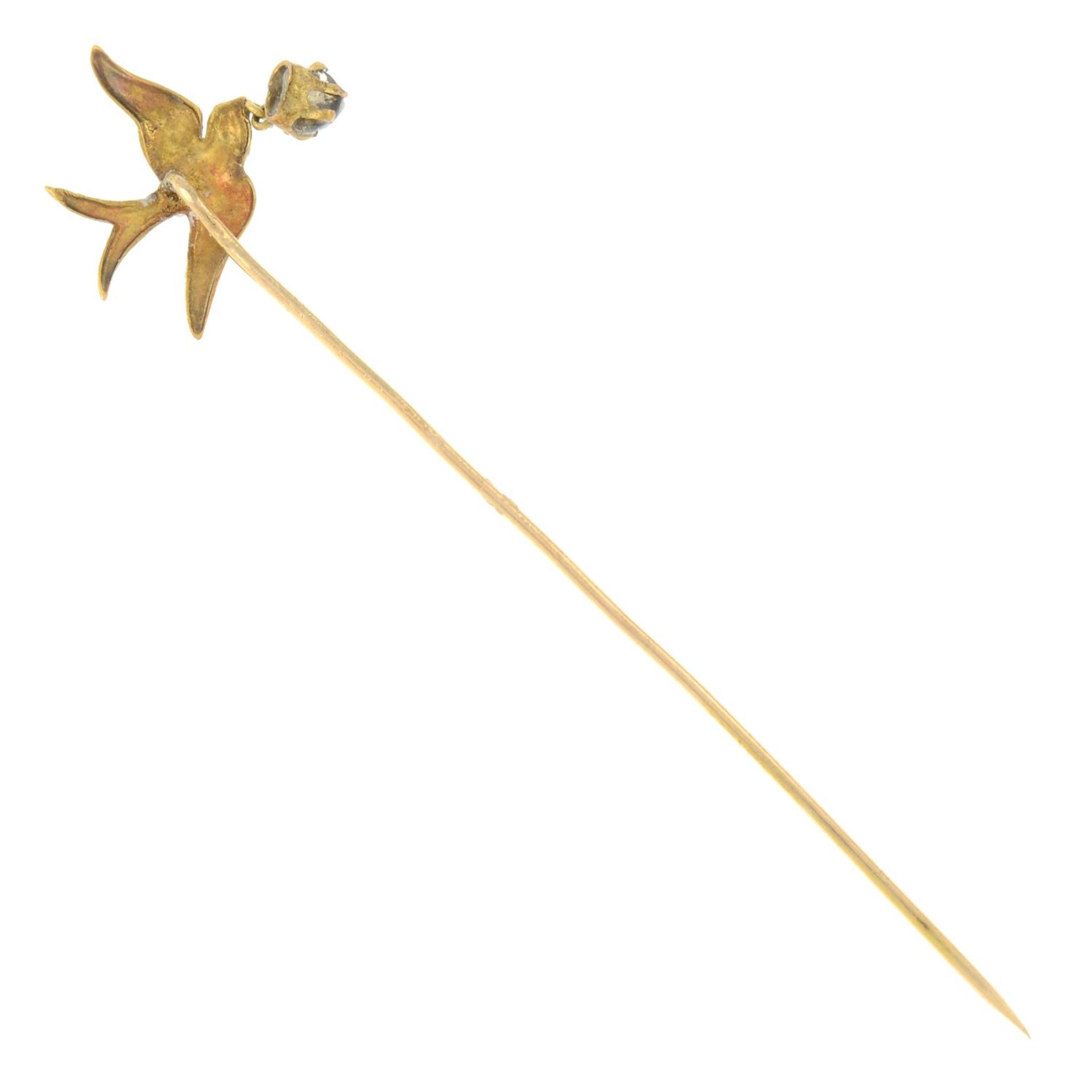 An early 20th century gold and blue enamel swallow stickpin, - Image 2 of 2