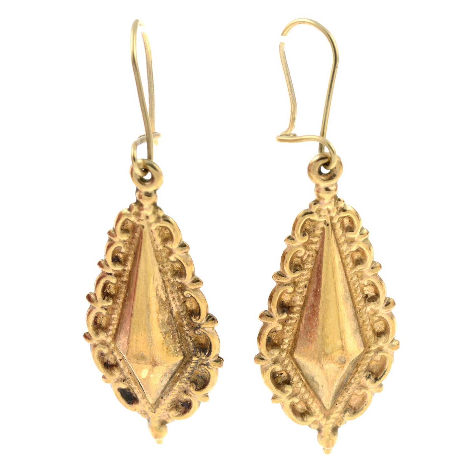 A pair of late 19th century gold drop earrings.Length 6cms.