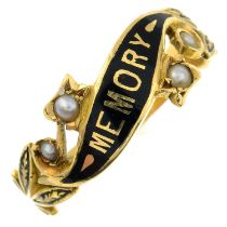 A late Victorian 18ct gold split pearl and enamel memorial ring.Hallmarks for Chester,