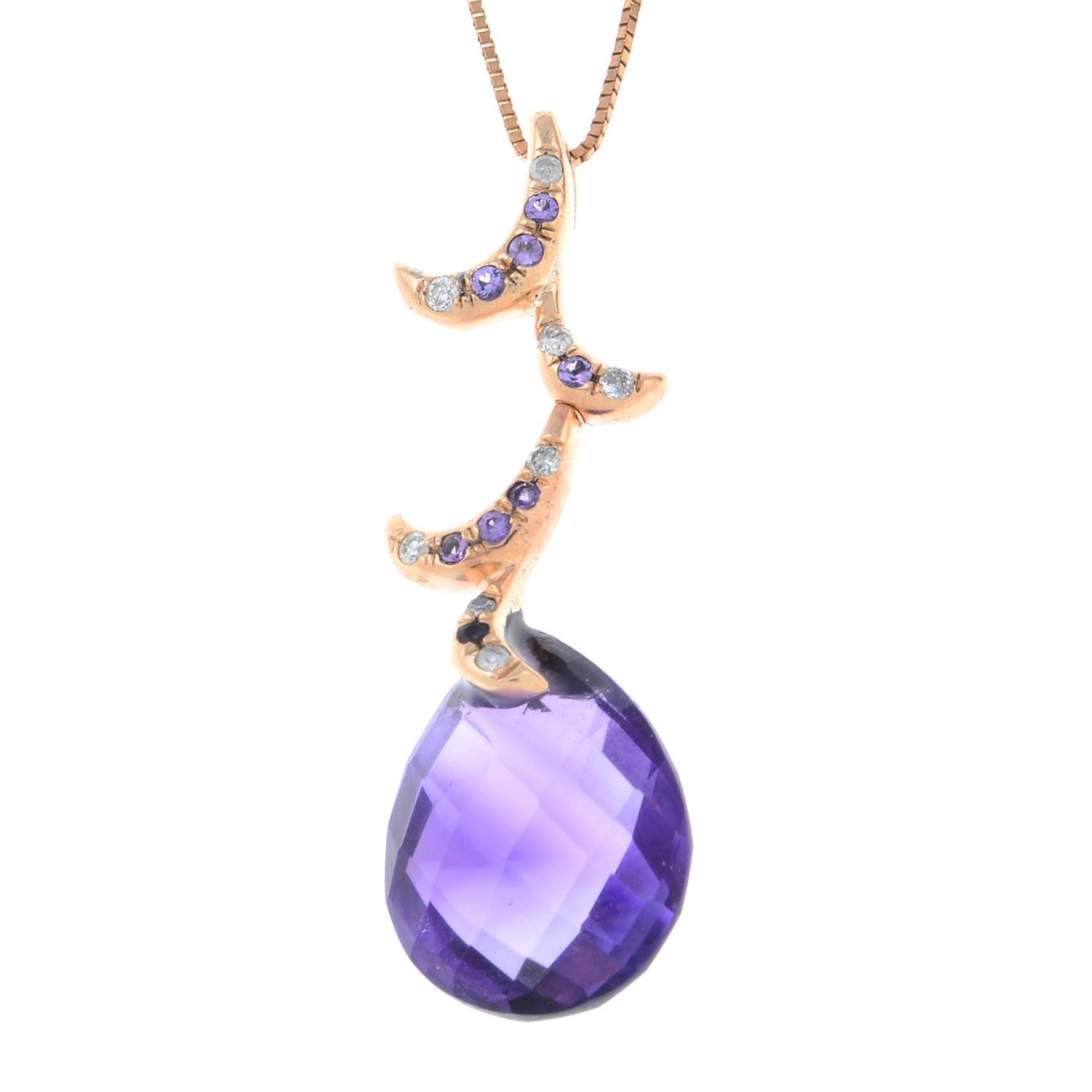 An amethyst and diamond pendant, with 18ct gold chain.Chain with hallmarks for 18ct gold.