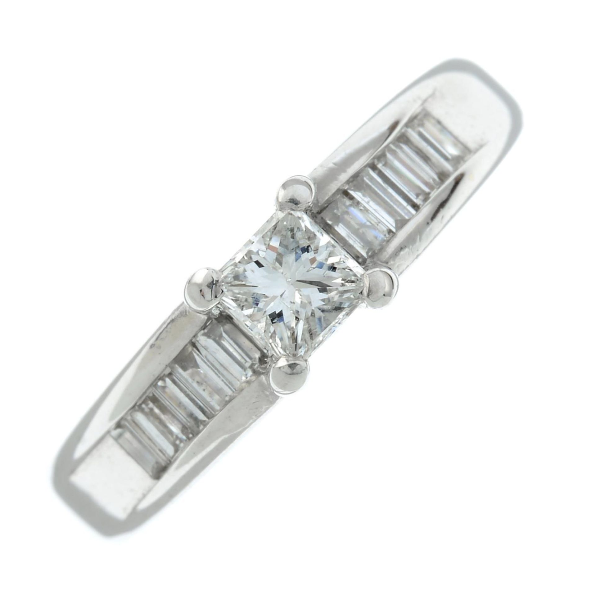 A 14ct gold square-shape diamond single-stone ring.Principal diamond estimated weight 0.35ct,