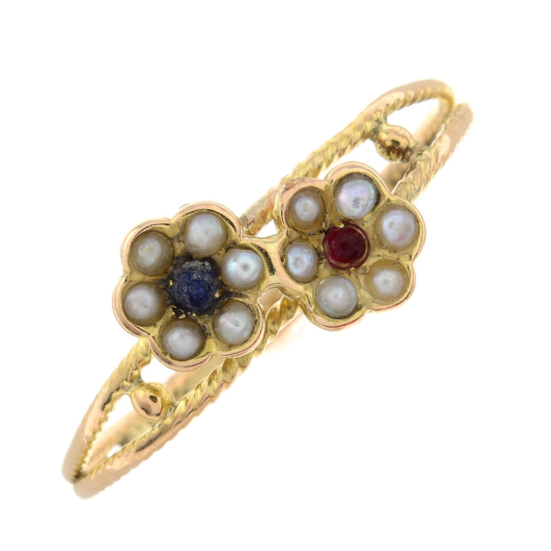 A split pearl and gem-set floral dress ring.Ring size P.