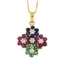A ruby, sapphire, emerald and colourless gem cluster pendant, with chain.Stamped 585, 14K.