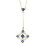 An early 20th century 15ct gold sapphire and seed pearl necklace.Stamped 15ct.Length 40cms.