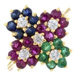 A ruby, emerald, sapphire and colourless gem cluster dress ring.Ring size M.