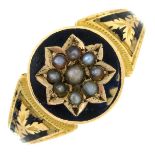 A late Victorian gold split pearl and black enamel mourning ring.Ring size L.