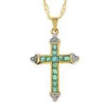 A 9ct gold emerald and diamond cross pendant, with 9ct gold chain.Hallmarks for 9ct gold.