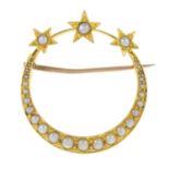 A late 19th century 15ct gold split pearl star and crescent brooch.Length 2.8cms.