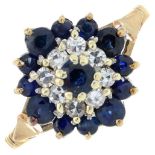 A 9ct gold sapphire and single-cut diamond cluster ring.Estimated total diamond weight