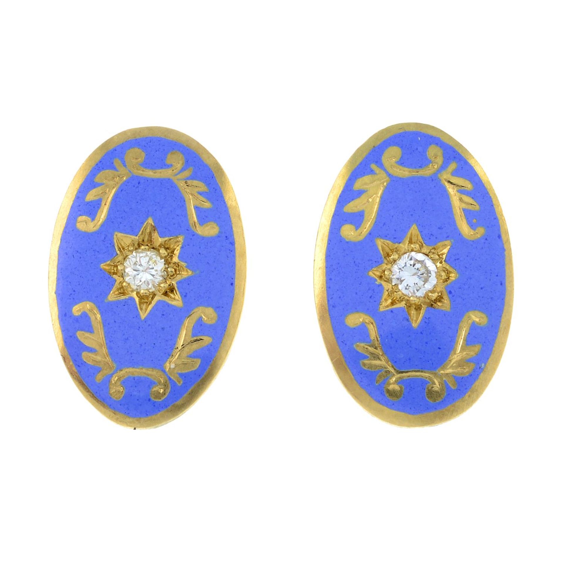 A pair of 18ct gold brilliant-cut diamond and blue enamel earrings.Estimated total diamond weight