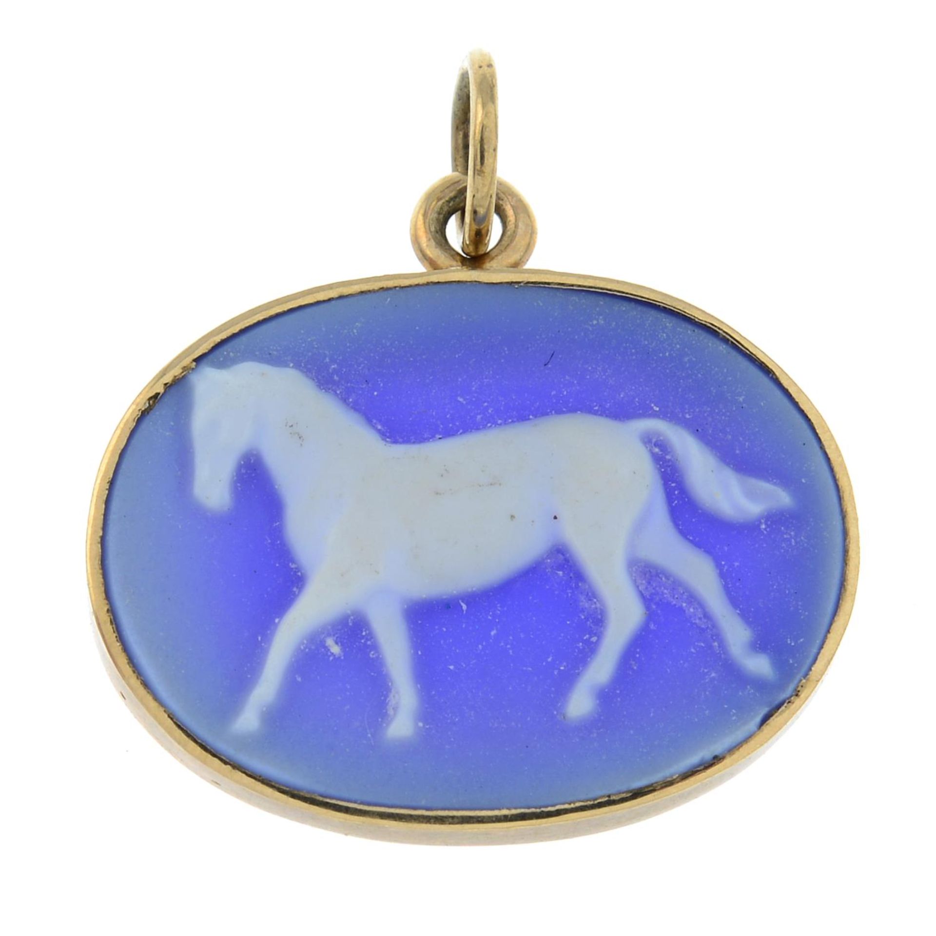 A 9ct gold cameo pendant, depicting a horse.Hallmarks for Birmingham.Length 1.8cms.