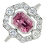 A pink tourmaline and brilliant-cut diamond cluster ring.Tourmaline calculated weight 1.10cts,