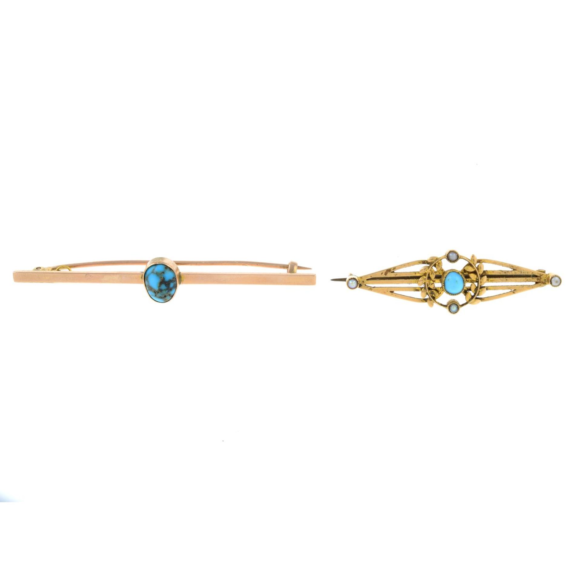 Early 20th century 15ct gold turquoise and split pearl brooch,