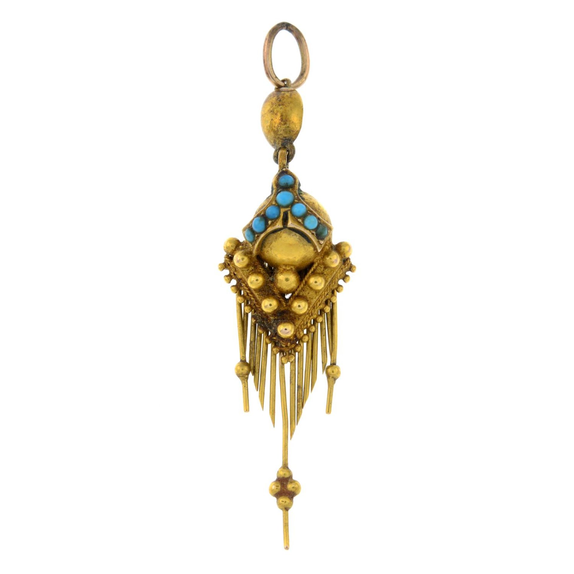 A mid to late 19th century gold turquoise pendant.Length 5.5cms.