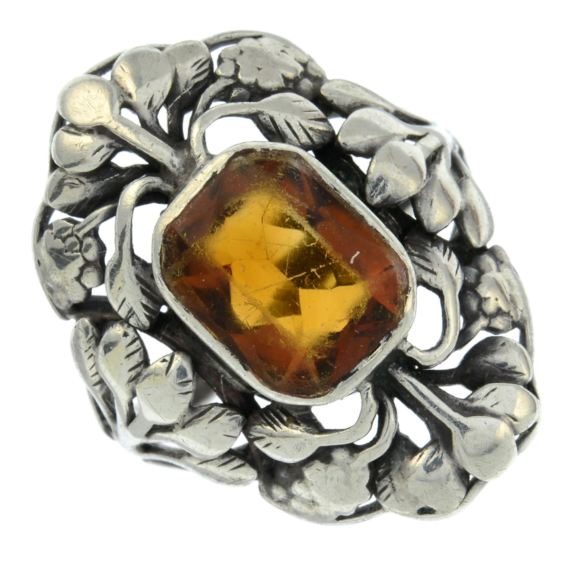 An Arts and Crafts silver citrine ring, attributed to Bernard Instone.Stamped silver.Ring size K.