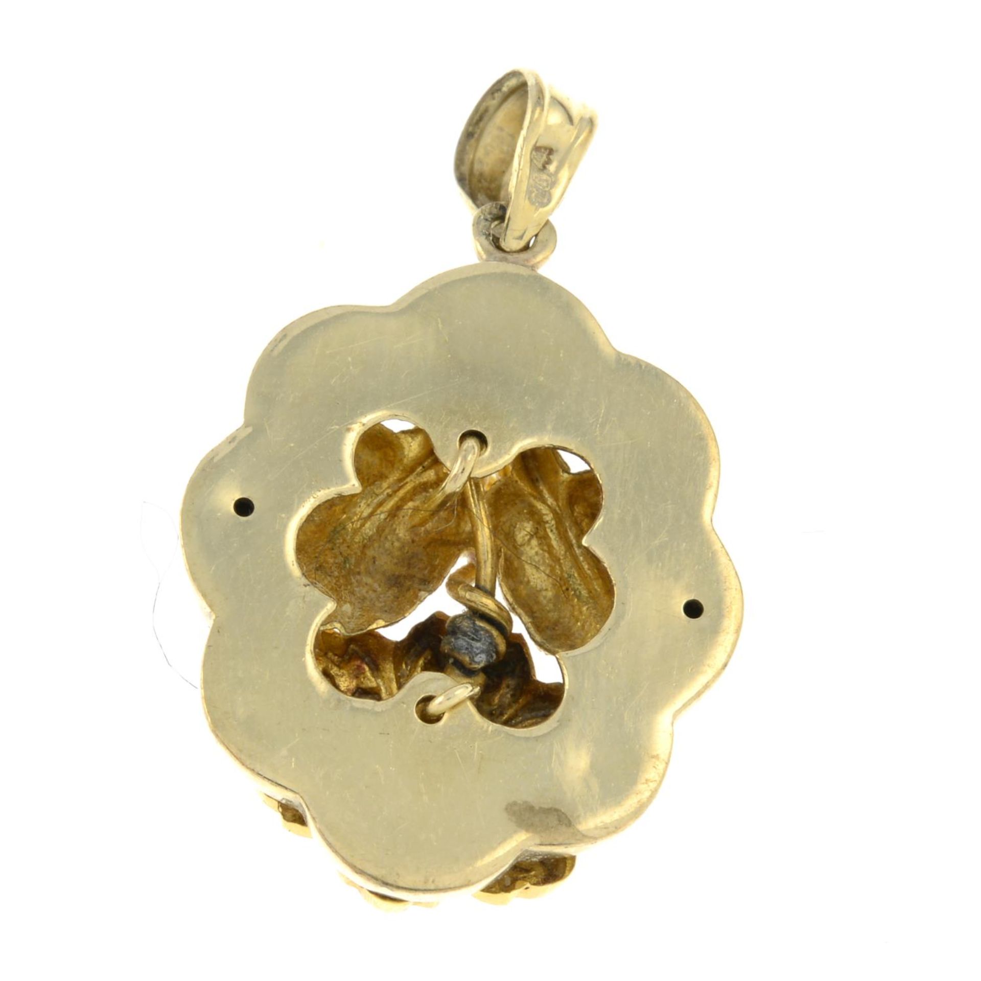 An early 20th century 9ct gold cultured pearl and enamel floral and foliate pendant.Later hallmarks - Bild 2 aus 2