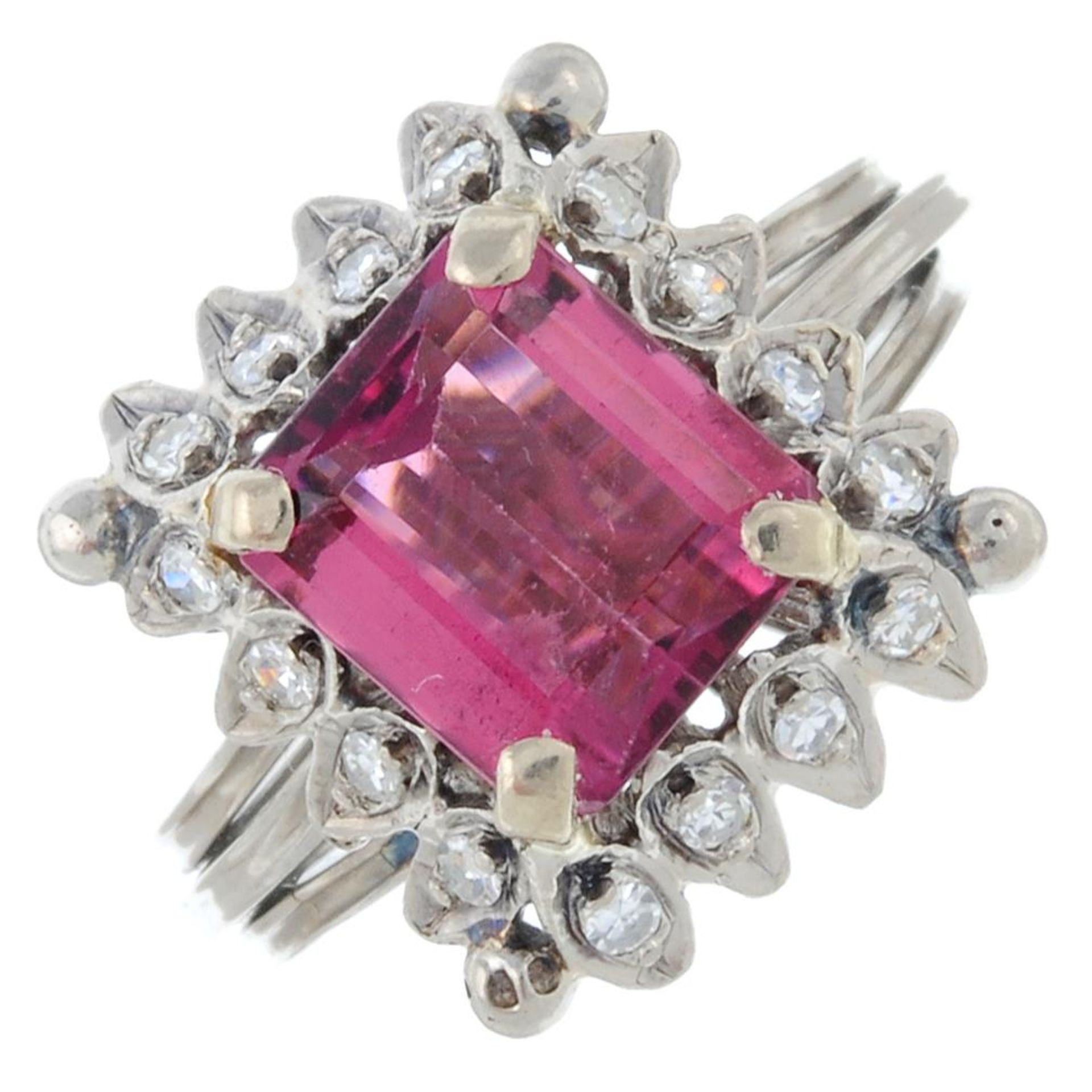 A pink tourmaline and single-cut diamond cluster ring.Tourmaline calculated weight 2.50cts,