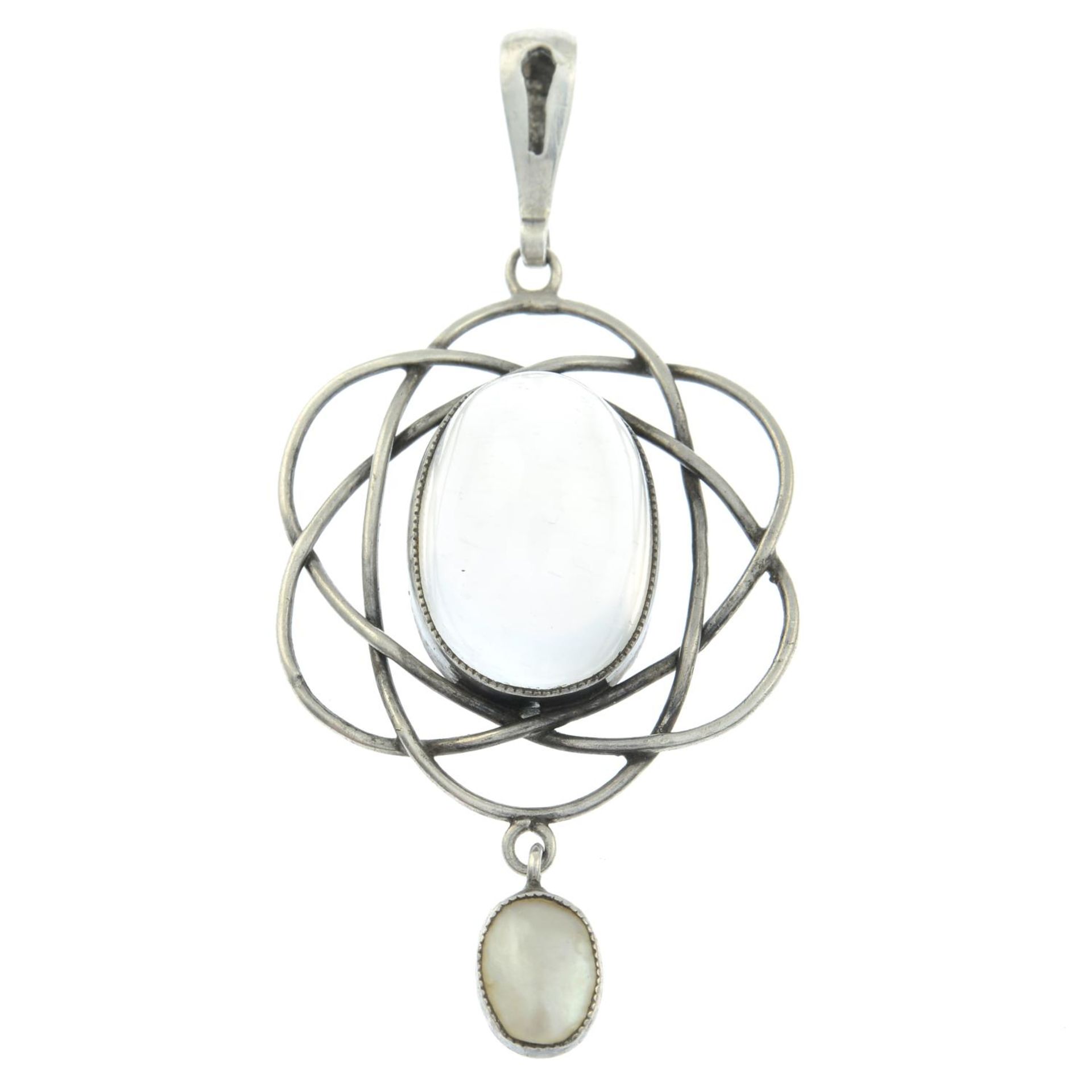 An Arts and Crafts silver moonstone and mother-of-pearl pendant, by Liberty & Co.Length 4.5cms.