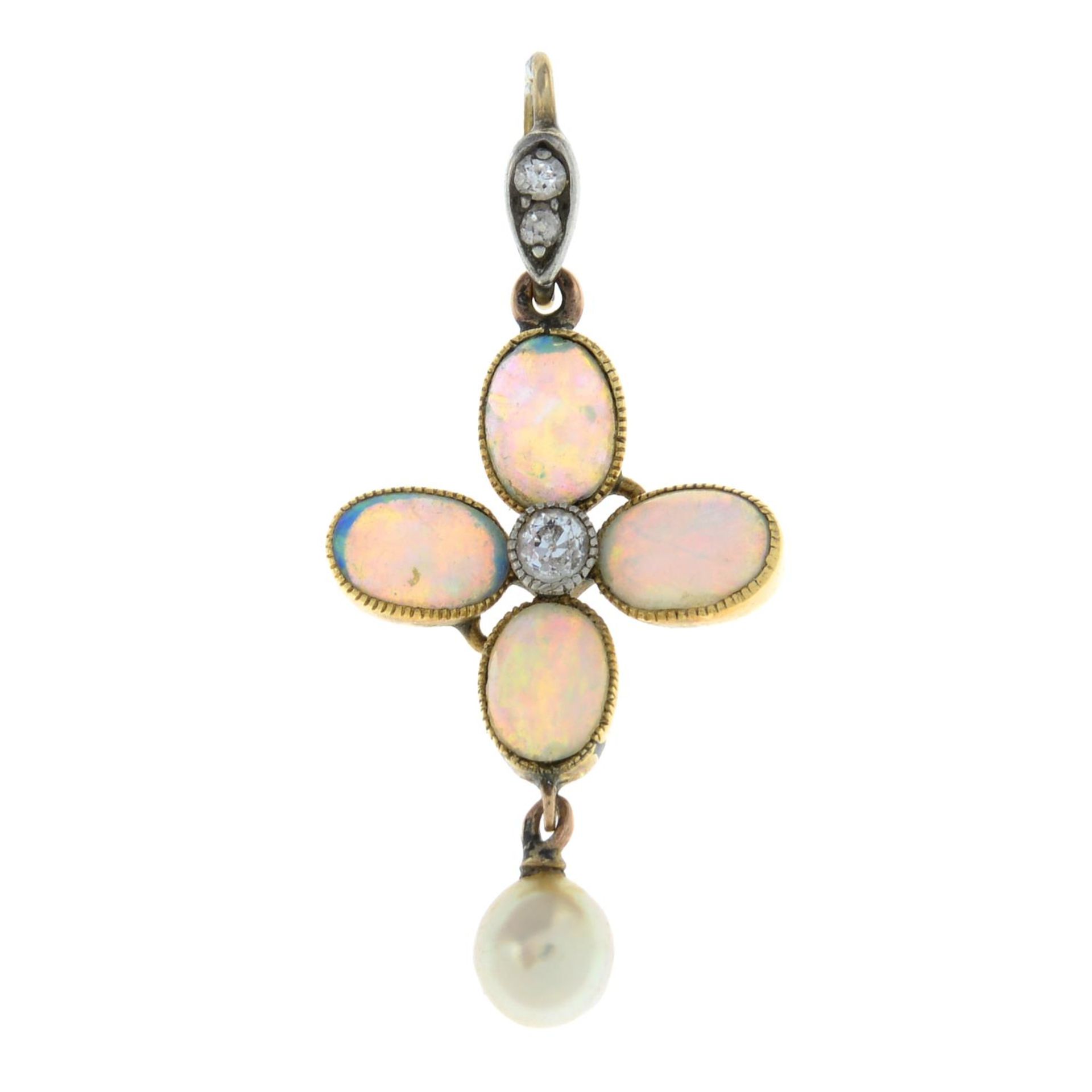 An early 20th century gold opal, old-cut diamond and cultured pearl drop pendant.Length 3.6cms.