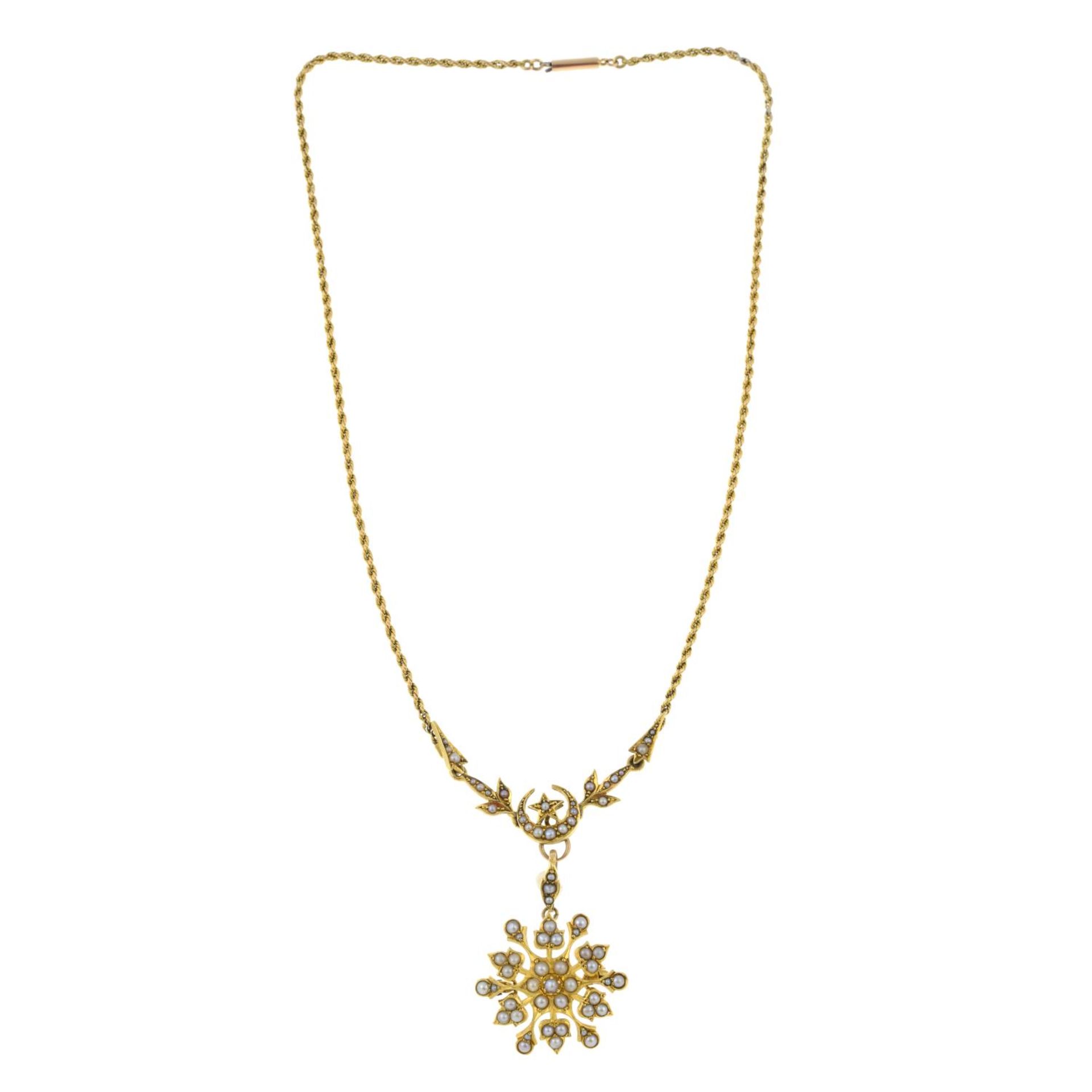 A late 19th century 15ct gold split pearl floral pendant, - Image 2 of 3